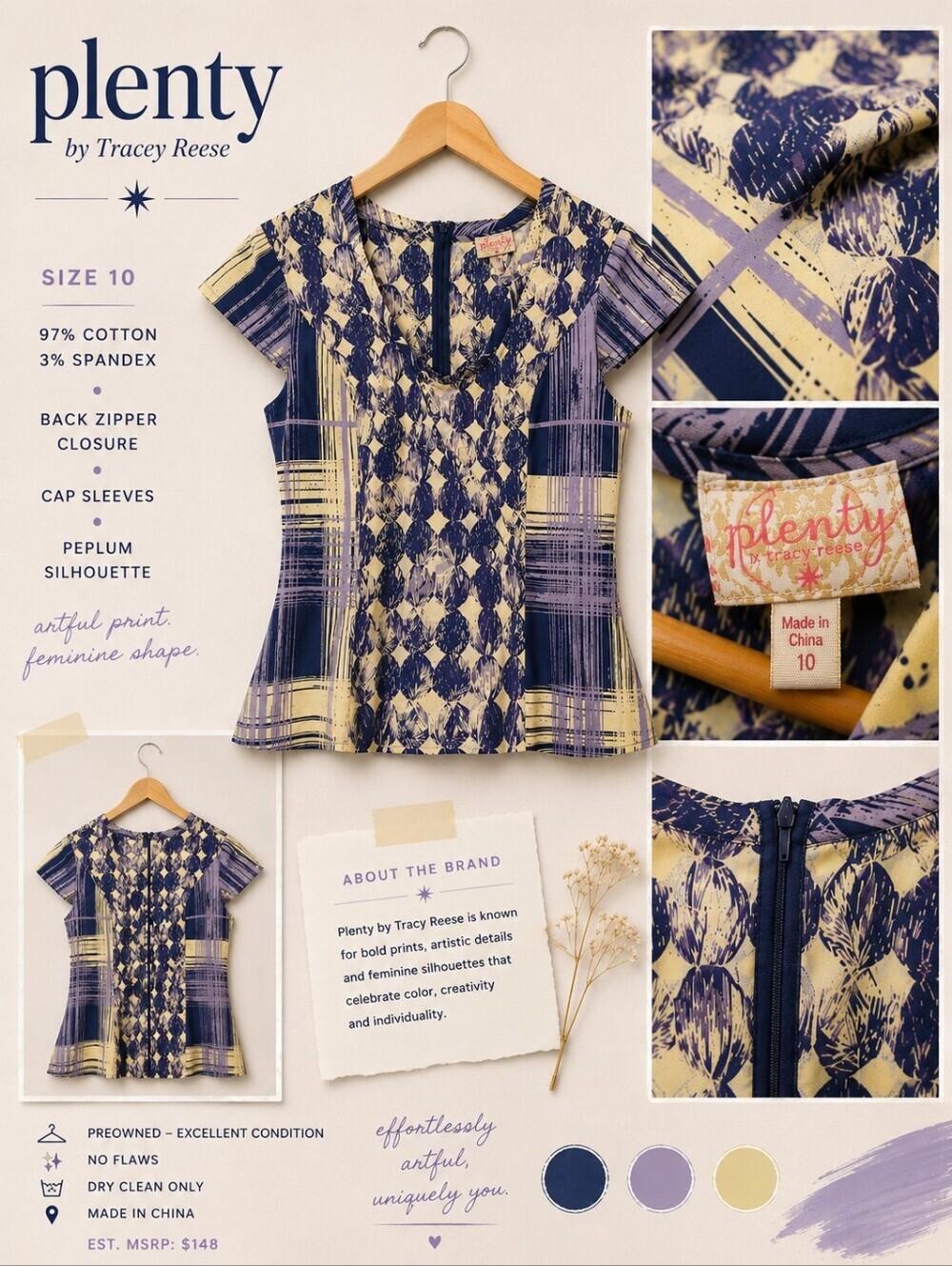 Plenty by Tracy Reese Printed Top Sz 10 Cotton Stretch Peplum Cap Sleeves Anthro